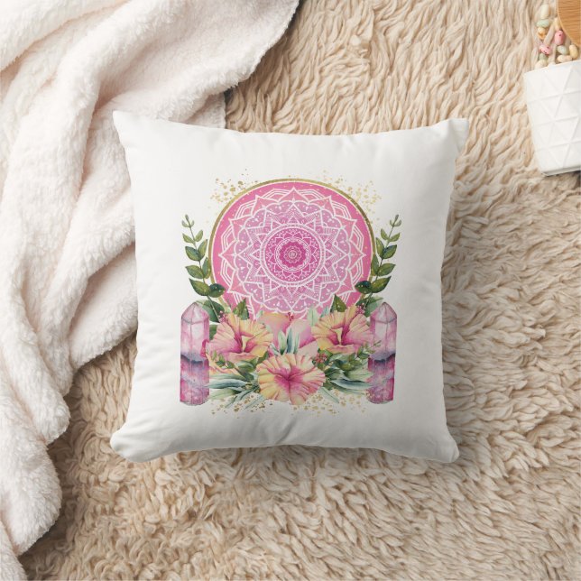Pink Mandala Crystal Flowers Watercolor Boho Throw Cushion (Blanket)
