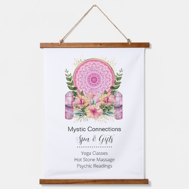 Pink Mandala Crystals Flower Energy Yoga Reiki Spa Hanging Tapestry (Front)