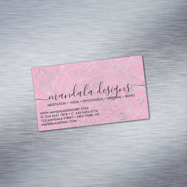Pink Mandala Floral Script Magnetic Business Card (In Situ)
