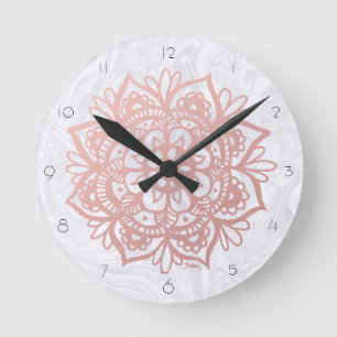 Pink Mandala Flower White Marble Wall Clock