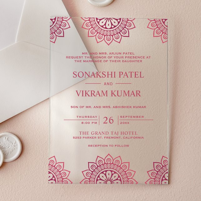 Pink Mandala Indian Wedding Acrylic Invitations (Creator Uploaded)