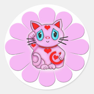 Pink Maneki Neko Lucky Beckoning Cat Classic Round Sticker