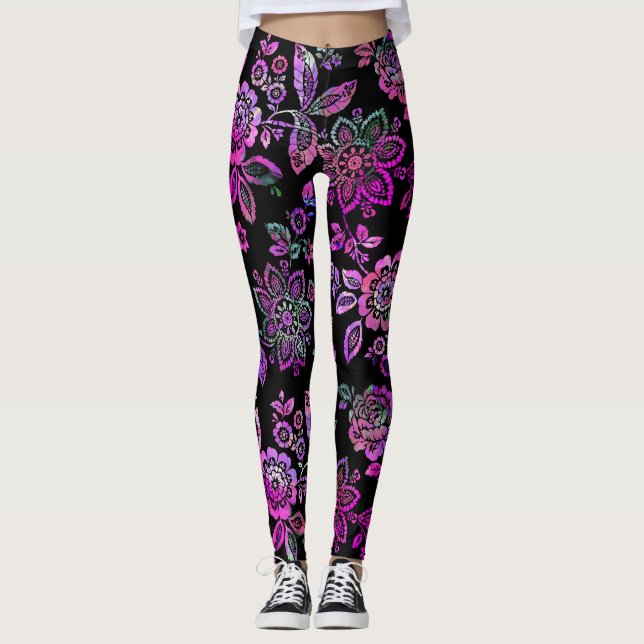Pink mania, Stylized , Modern Floral Leggings (Front)