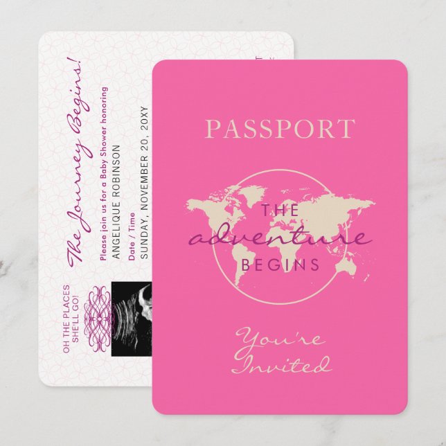 Pink Map Adventure Baby Shower Passport Invitation (Front/Back)