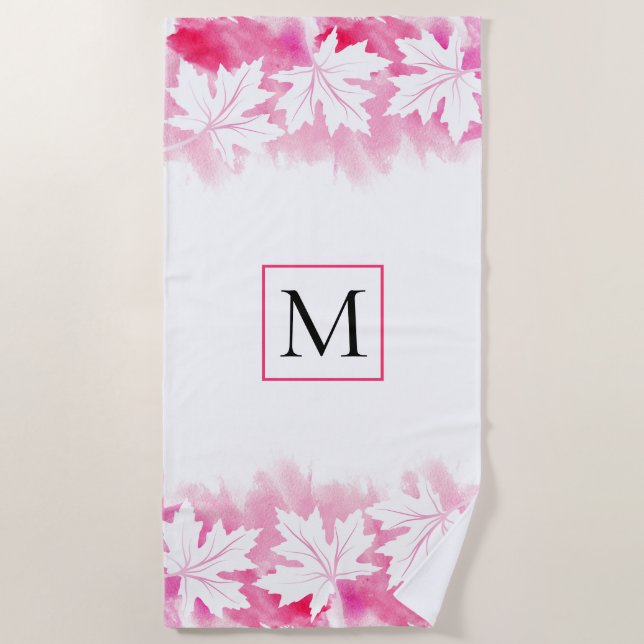 Pink maple leaf watercolor wash and monogram beach towel (Front)