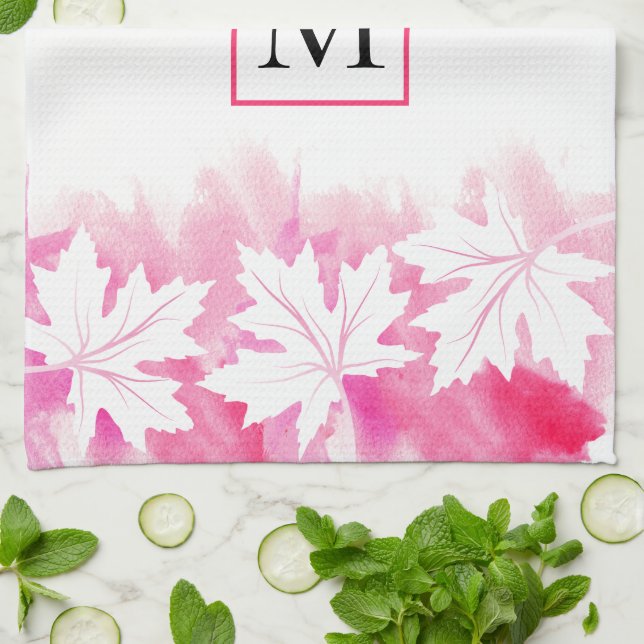 Pink maple leaf watercolor wash and monogram tea towel (Folded)