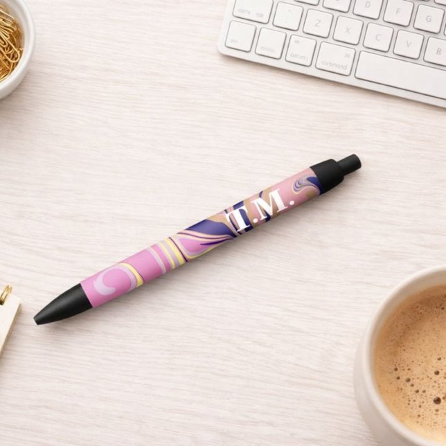 Pink Marble Abstract Monogrammed Black Ink Pen (Creator Uploaded)