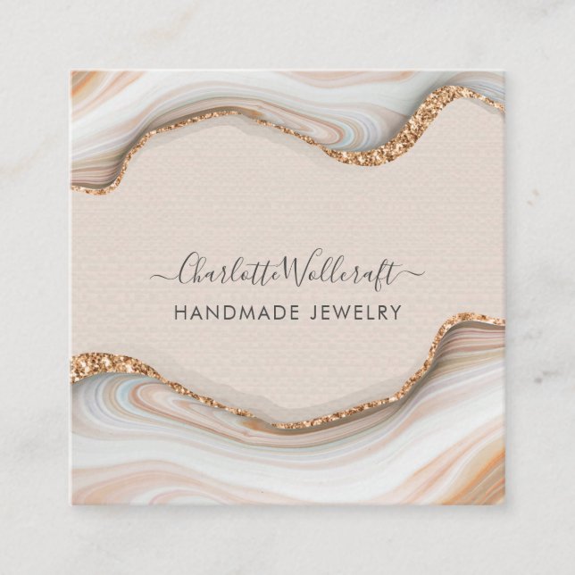 Pink Marble Agate Gold Glitter Handmade Jewellery Square Business Card (Front)