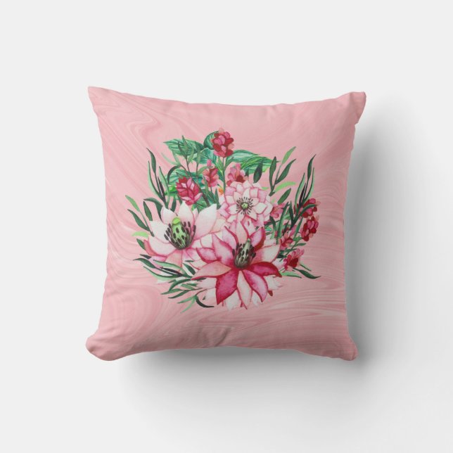 Pink Marble And Exotic Flowers Cushion (Front)