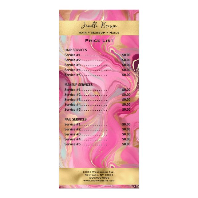 Pink Marble and Gold Services Price List Rack Card (Front)