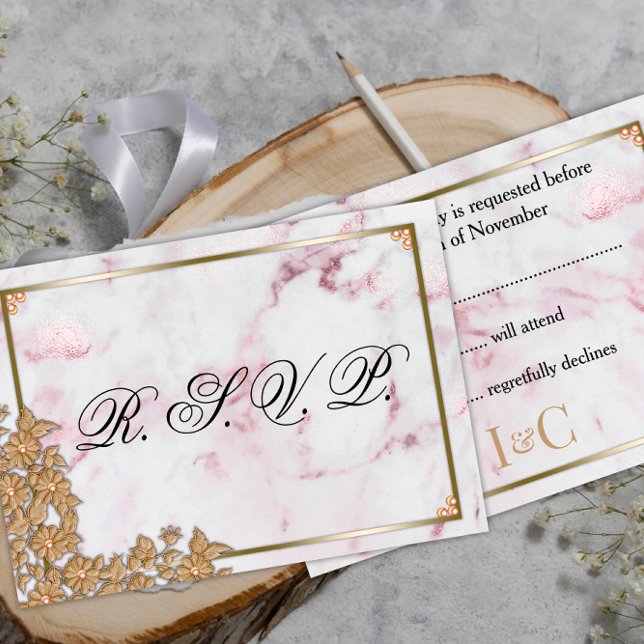 Pink Marble and Golden Pearls Wedding RSVP Card (Creator Uploaded)