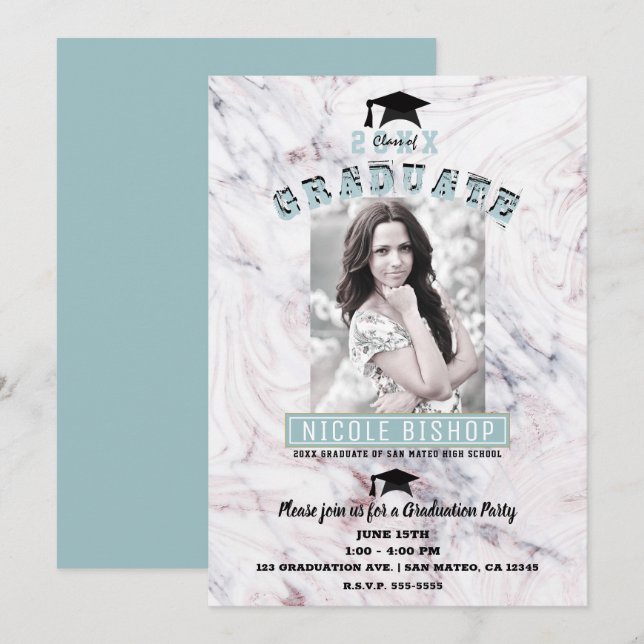 Pink Marble Blue Gold Photo Graduation Party   Invitation (Front/Back)