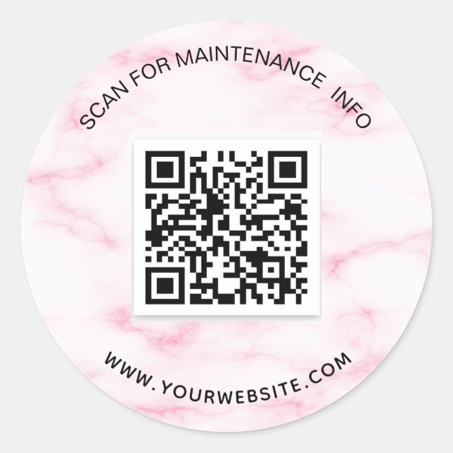 Pink marble business qr code maintenance info classic round sticker (Front)