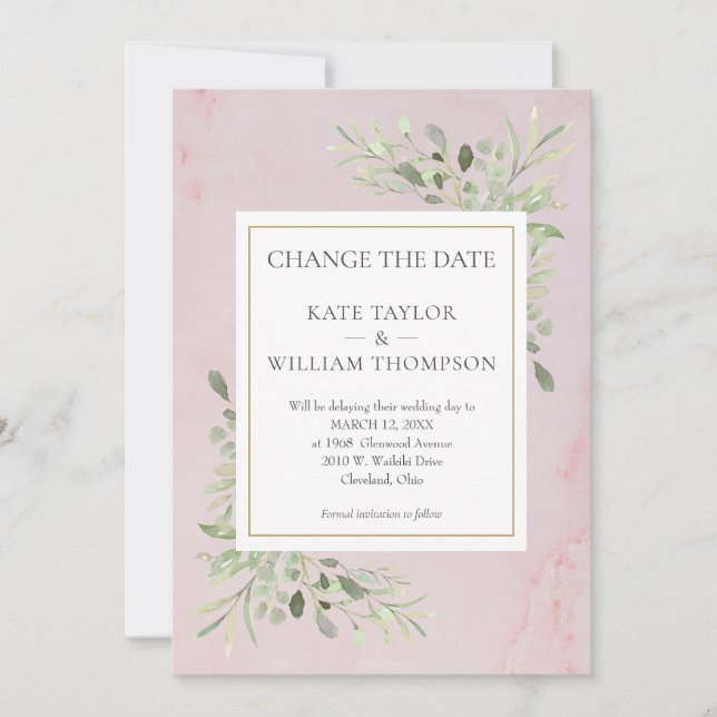 Pink Marble Change the Date Greenery Leaves Save The Date (Front)
