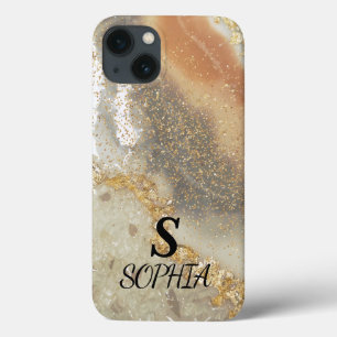 Pink marble chic gold glitter monogram iPhone 13 case