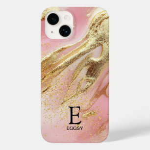 Pink marble chic gold glitter monogram Case-Mate iPhone 14 case