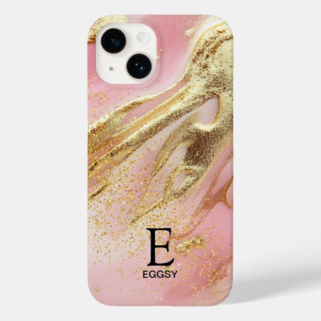 Pink marble chic gold glitter monogram Case-Mate iPhone case (Back)