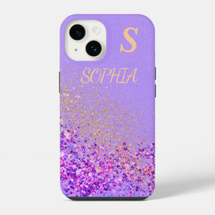 Pink marble chic gold glitter monogram iPhone 14 case