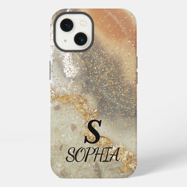Pink marble chic gold glitter monogram iPhone case (Back)