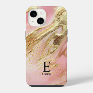 Pink marble chic gold glitter monogram iPhone 14 case