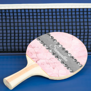 Pink Marble Diamond Bling Personalised Ping Pong Paddle