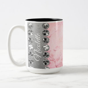 Pink Marble Diamond Bling  Two-Tone Coffee Mug