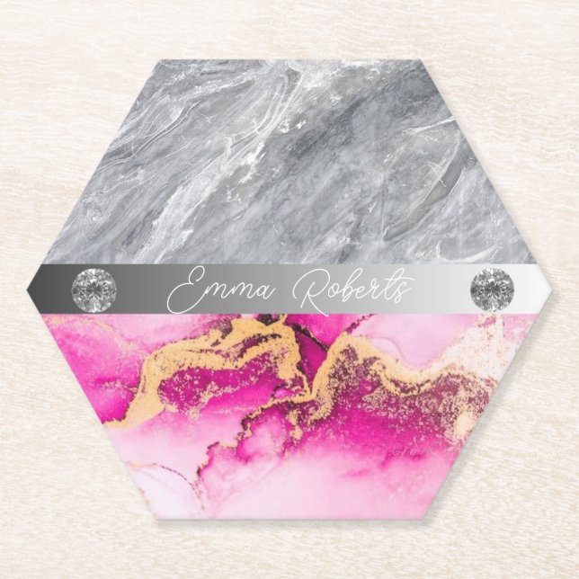 Pink Marble Diamond Glitter Paper Coaster (Front)