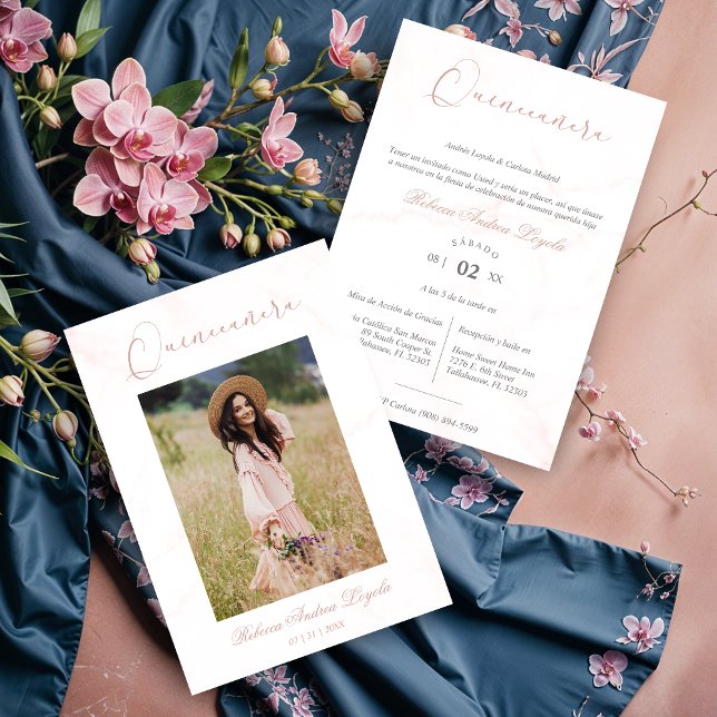Pink Marble Effect Minimalist Spanish Quinceañera Invitation (Pink Marble Effect Minimalist Spanish Quinceañera Photocard Invitation with Envelope.)