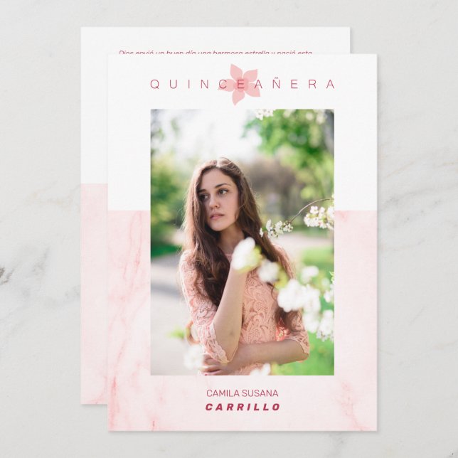 Pink Marble Effect Romantic Photo Quinceañerank Invitation (Front/Back)