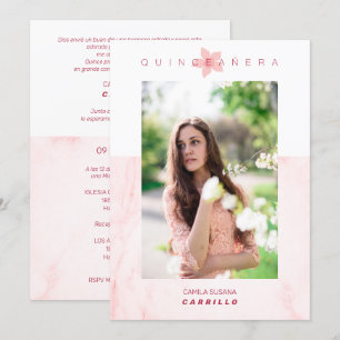 Pink Marble Effect Romantic Photo Quinceañerank Invitation