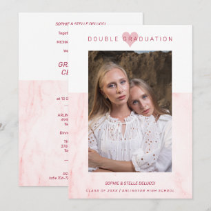 Pink Marble Effect Romantic Photo Twins Graduation Invitation