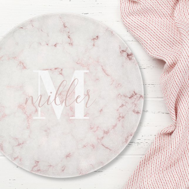 Pink Marble Family Name Round Glass Cutting Board (Creator Uploaded)