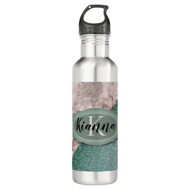 Pink Marble Glitter Green Monogram     710 Ml Water Bottle (Front)