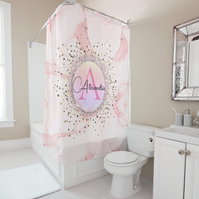 Pink Marble Glitter Monogram Personalised Shower Curtain (In Situ)