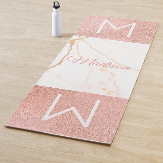 Pink Marble Glitter Trendy Monogram Yoga Mat (In Situ)
