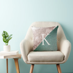 Pink Marble Glittery Green Monogram Cushion