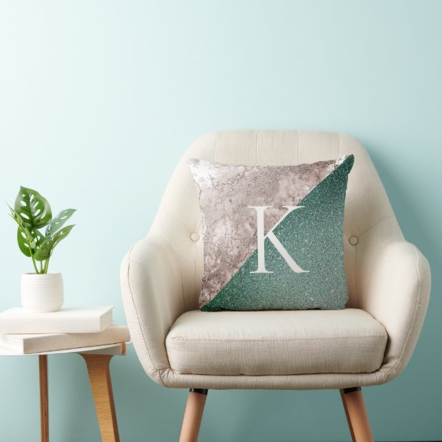Pink Marble Glittery Green Monogram Cushion (Chair)