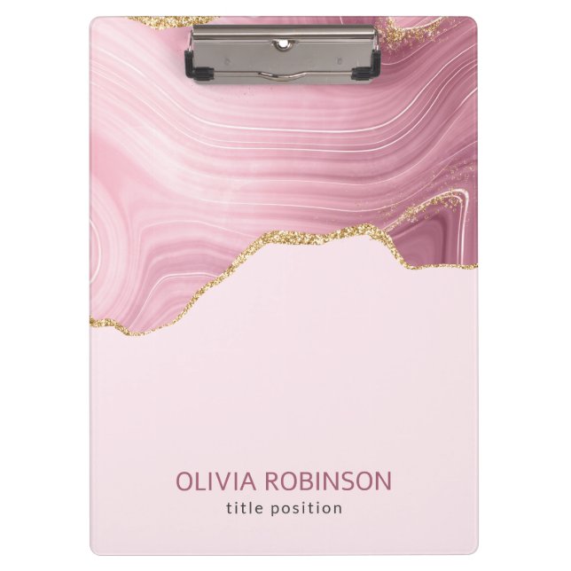 Pink Marble Gold Glitter Clipboard (Front)