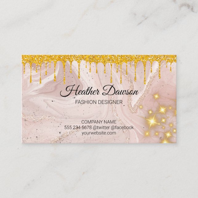 Pink Marble | Gold Glitter Drip | Golden Sparkle Business Card (Front)