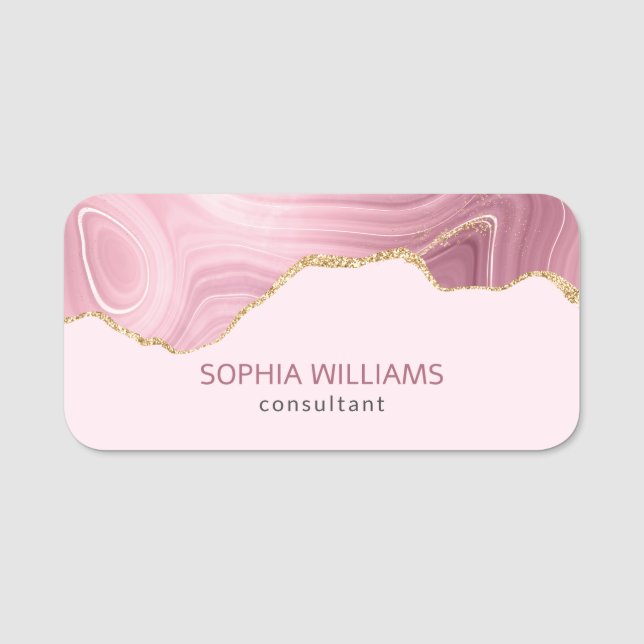 Pink Marble Gold Glitter Name Tag (Front)