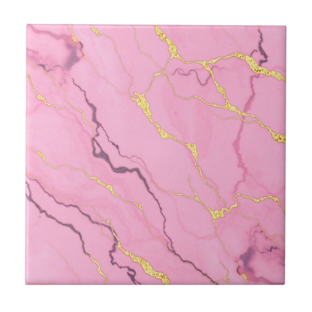Pink Marble Gold Veins Pattern Tile (Front)