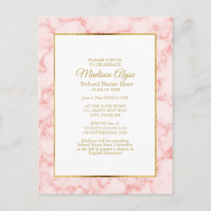 Pink Marble Gold White Graduation Party Invite Postcard
