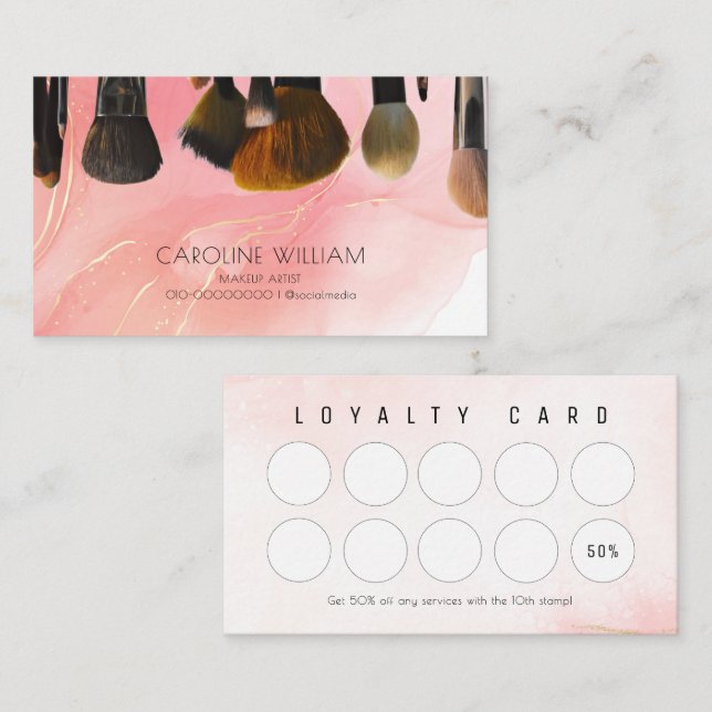Pink Marble Make Up Brushes Make Up Artist Salon Loyalty Card (Front/Back)