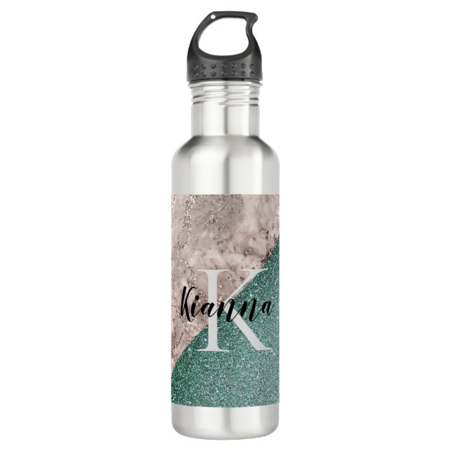 Pink Marble Minty Green Monogram Glitter 710 Ml Water Bottle (Front)
