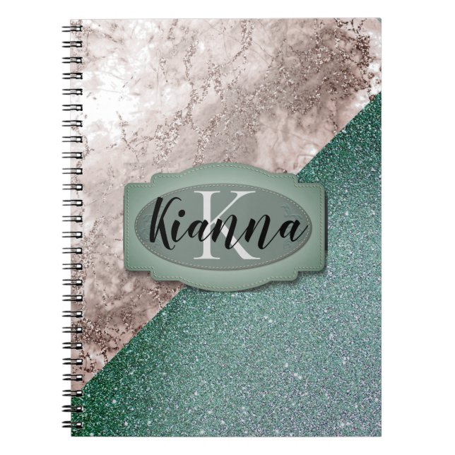 Pink Marble Minty Green Monogram Glitter Notebook (Front)