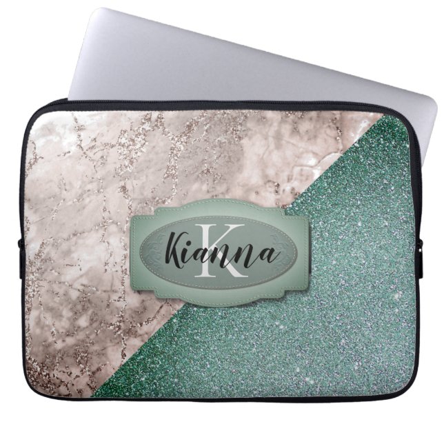 Pink Marble Minty Green Monogram              Laptop Sleeve (Front)