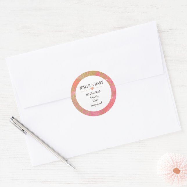Pink Marble Modern Wedding return address Classic Round Sticker (Envelope)