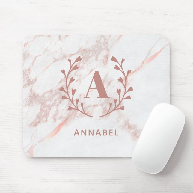 Pink Marble Monogram Any Initial & Name Custom  Mouse Mat (With Mouse)