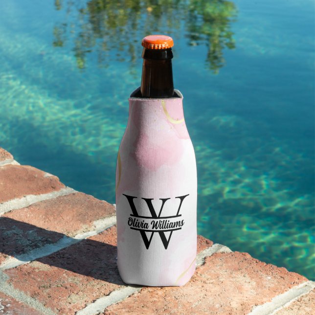Pink Marble Monogram | Girly Modern Gold Glitter Bottle Cooler (In Situ Pool)