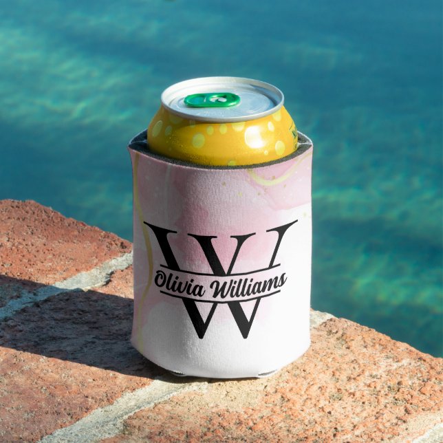 Pink Marble Monogram | Girly Modern Gold Glitter Can Cooler (In Situ Pool)
